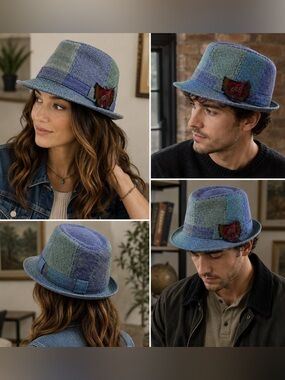 Avoca Collection Blue/Green Plaid Fedora Hat Size M Lined Unisex Adults Vintage